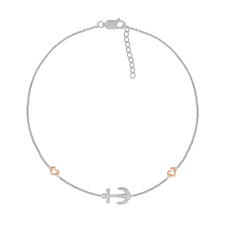 Main Image 2 of 0.04 CT. T.W. Diamond Heart and Anchor Anklet in Sterling Silver and 10K Rose Gold – 10"