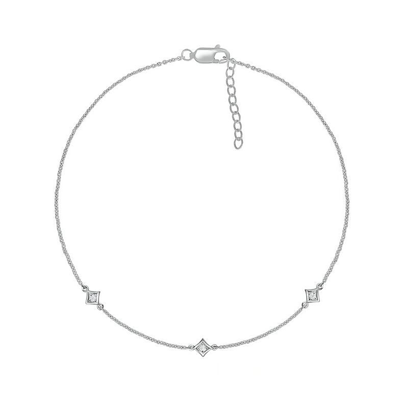 0.04 CT. T.W. Diamond Triple Tilted Square Frame Anklet in Sterling Silver – 10"