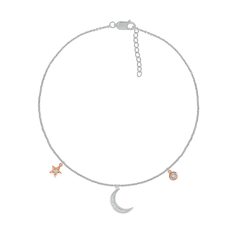Main Image 2 of 0.04 CT. T.W. Diamond Crescent Moon and Star Anklet in Sterling Silver and 10K Rose Gold