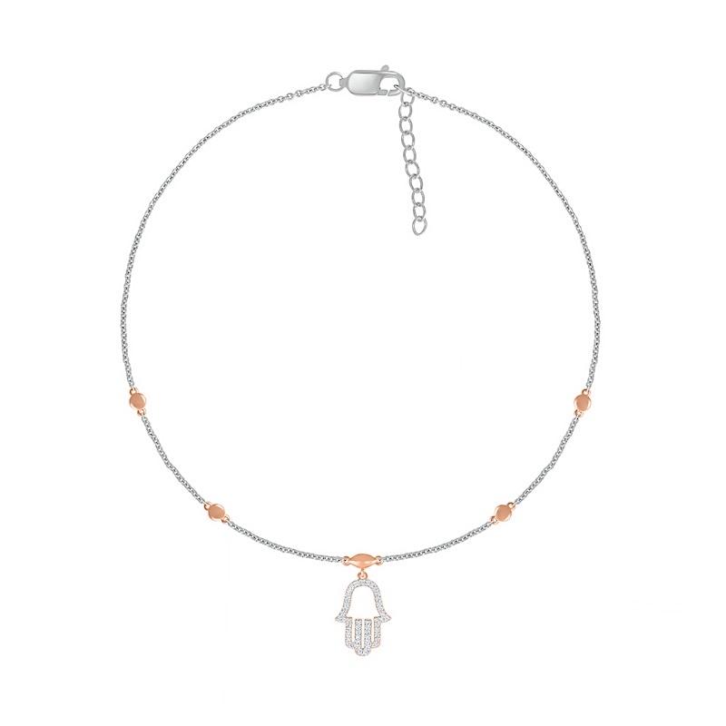 Main Image 2 of 0.086 CT. T.W. Diamond Hamsa Anklet in Sterling Silver and 10K Rose Gold – 10"