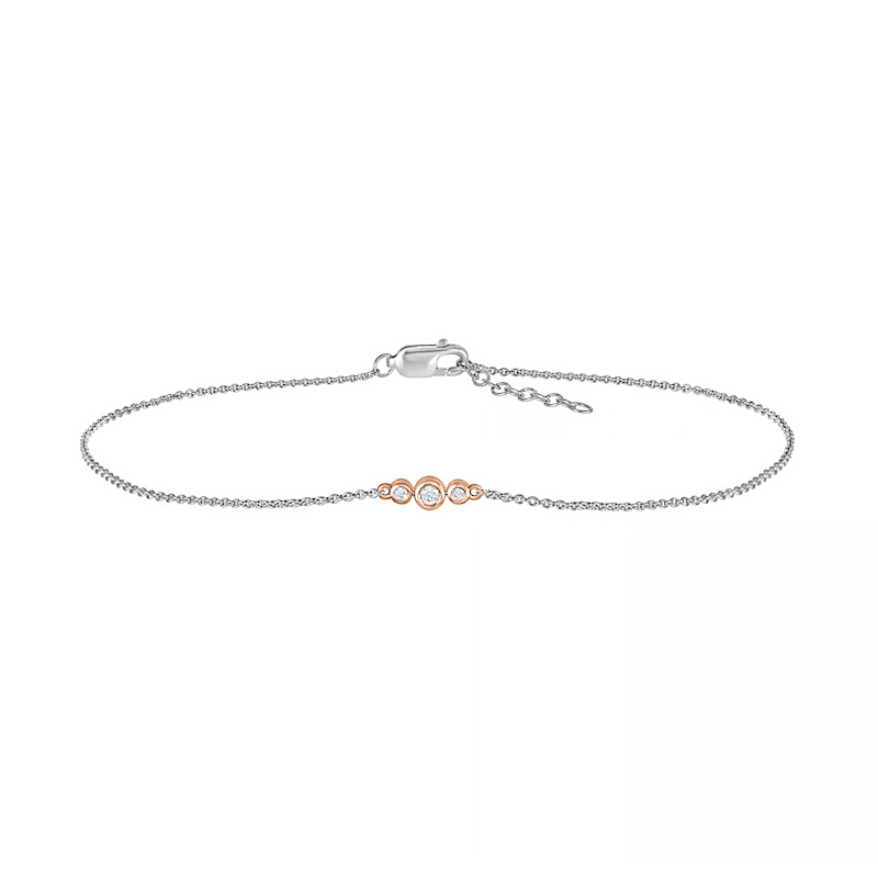Main Image 2 of 0.065 CT. T.W. Diamond Circle Trio Anklet in Sterling Silver and 10K Rose Gold – 10"