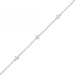 0.04 CT. T.W. Diamond Triple Tilted Square Frame Anklet in Sterling Silver with 14K Rose Gold Plate – 10"