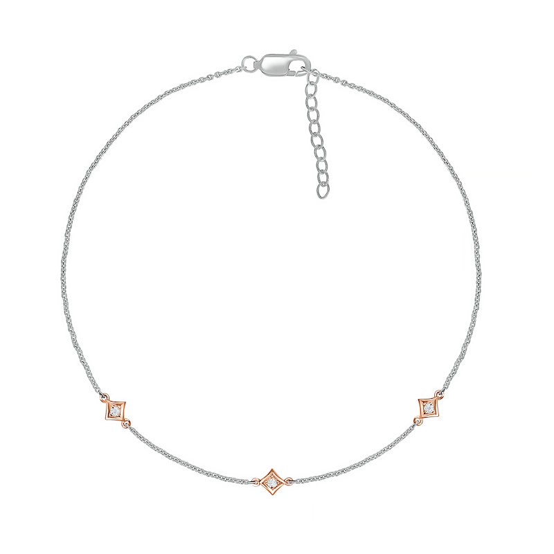 Main Image 2 of 0.04 CT. T.W. Diamond Triple Tilted Square Frame Anklet in Sterling Silver with 14K Rose Gold Plate – 10"