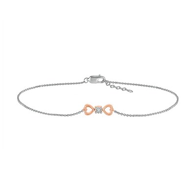 Diamond Accent Solitaire Double Heart Anklet in Sterling Silver and 10K Rose Gold – 10"