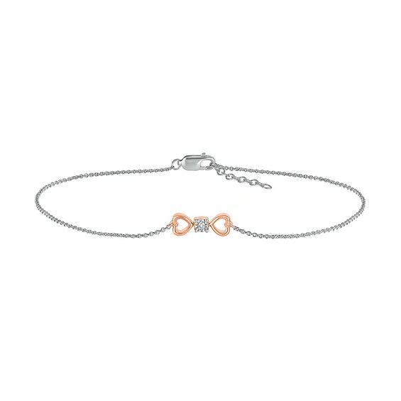 Diamond Accent Solitaire Double Heart Anklet in Sterling Silver and 10K Rose Gold – 10"