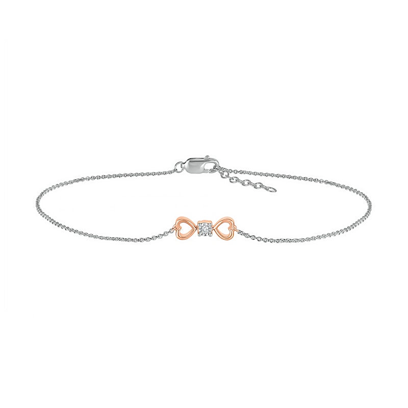 Main Image 2 of Diamond Accent Solitaire Double Heart Anklet in Sterling Silver and 10K Rose Gold – 10"