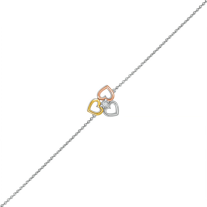 Main Image 1 of Diamond Accent Solitaire Triple Heart Anklet in Sterling Silver and 10K Two-Tone Gold – 10"
