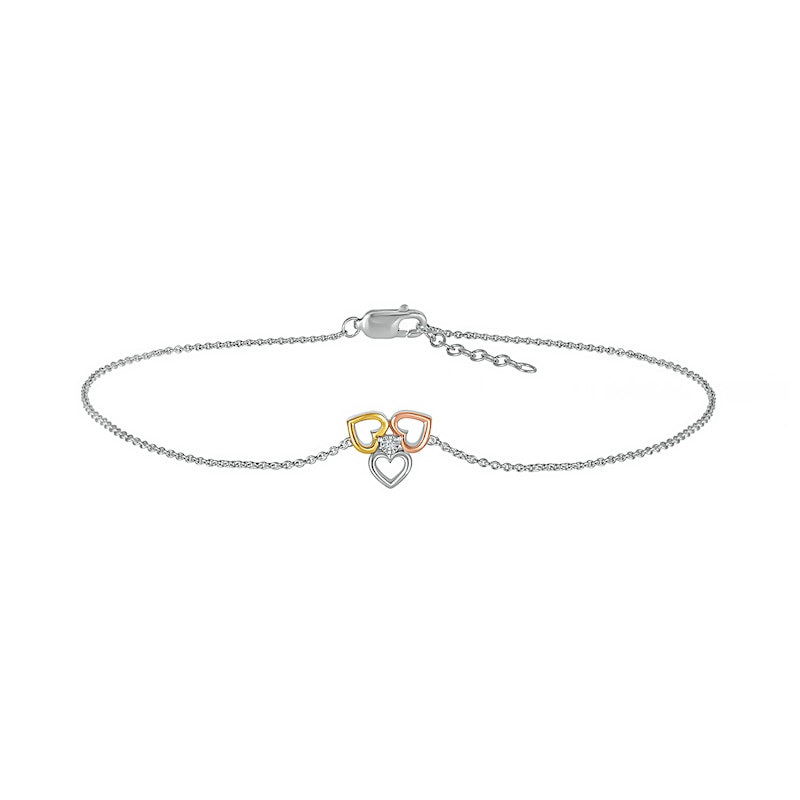 Main Image 2 of Diamond Accent Solitaire Triple Heart Anklet in Sterling Silver and 10K Two-Tone Gold – 10"