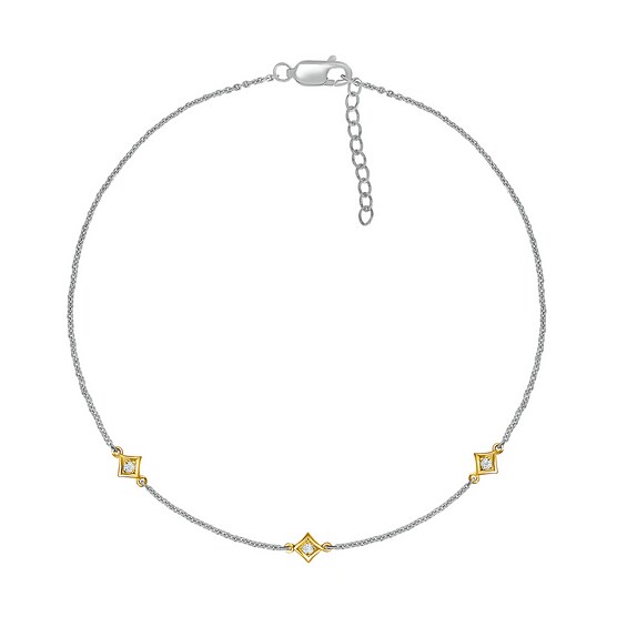 0.04 CT. T.W. Diamond Triple Tilted Square Frame Anklet in Sterling Silver with 14K Gold Plate – 10"