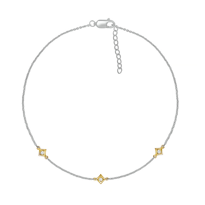 Main Image 2 of 0.04 CT. T.W. Diamond Triple Tilted Square Frame Anklet in Sterling Silver with 14K Gold Plate – 10"
