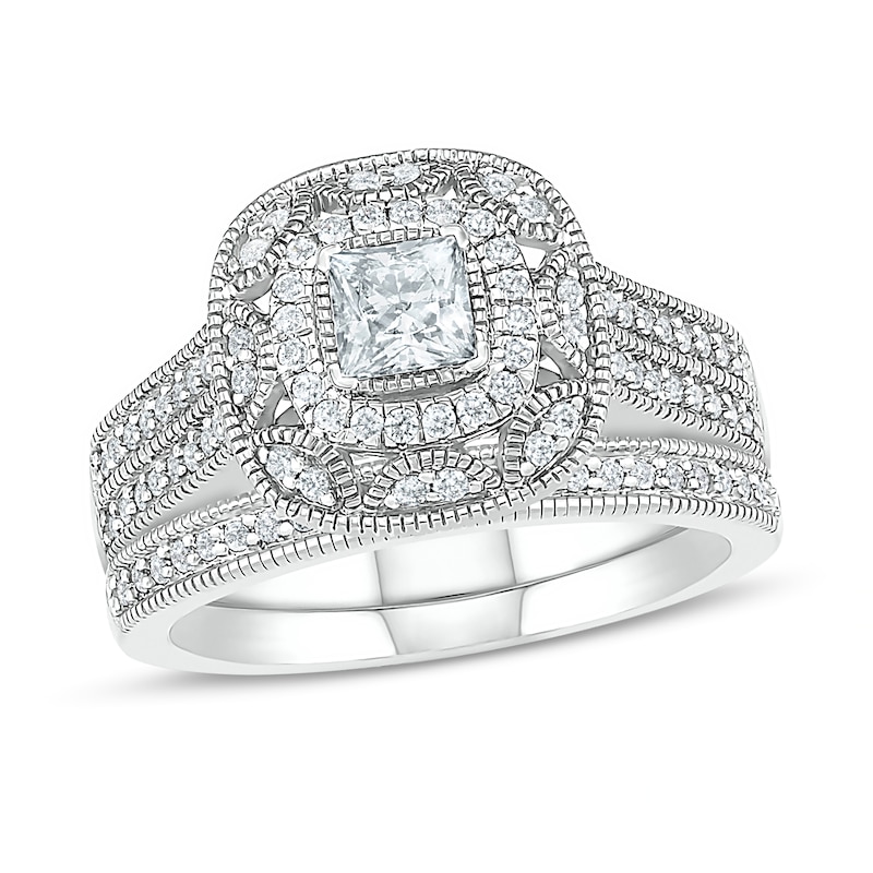 0.69 CT. T.W. Princess-Cut Diamond Frame Vintage-Style Bridal Set in 10K White Gold