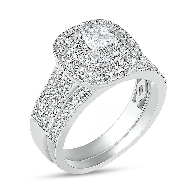0.69 CT. T.W. Princess-Cut Diamond Frame Vintage-Style Bridal Set in 10K White Gold