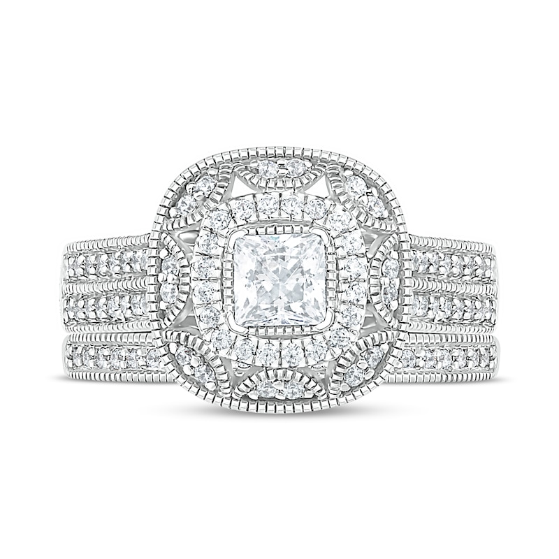 0.69 CT. T.W. Princess-Cut Diamond Frame Vintage-Style Bridal Set in 10K White Gold