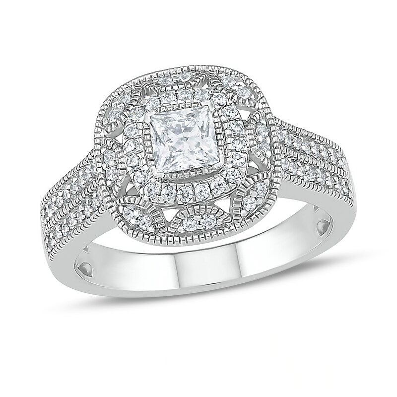 0.69 CT. T.W. Princess-Cut Diamond Frame Vintage-Style Bridal Set in 10K White Gold