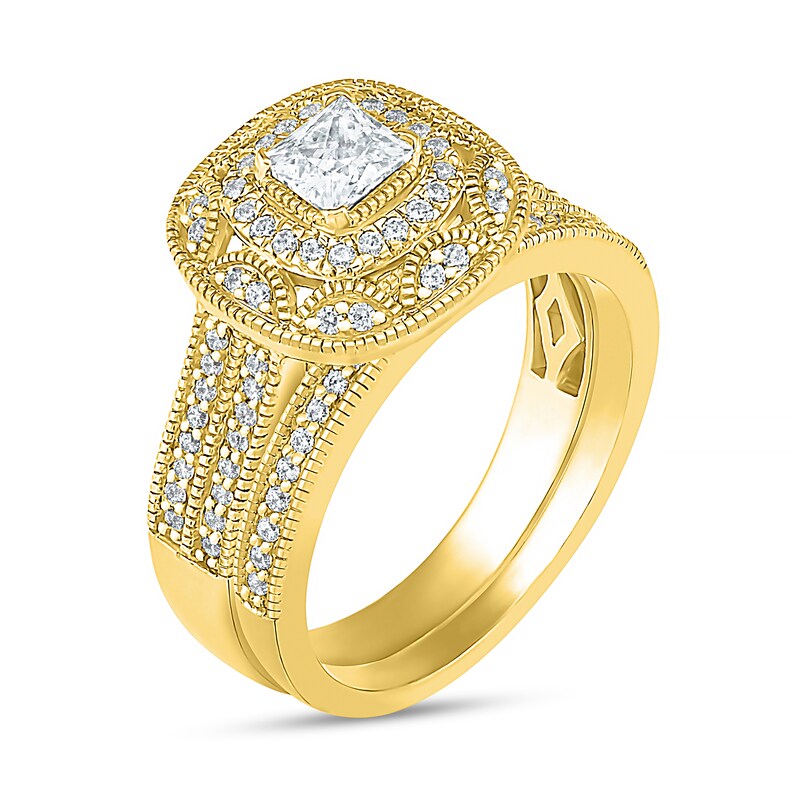 0.69 CT. T.W. Princess-Cut Diamond Frame Vintage-Style Bridal Set in 10K Gold