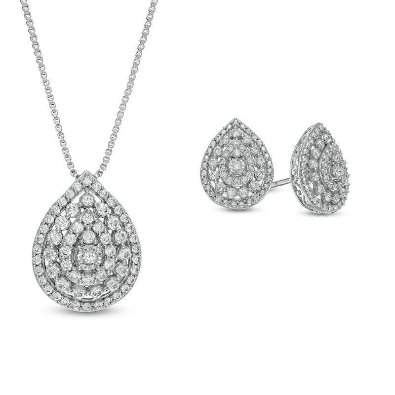 1.00 CT. T.W. Composite Pear-Shaped Diamond Pendant and Stud Earrings Set in Sterling Silver|Peoples Jewellers