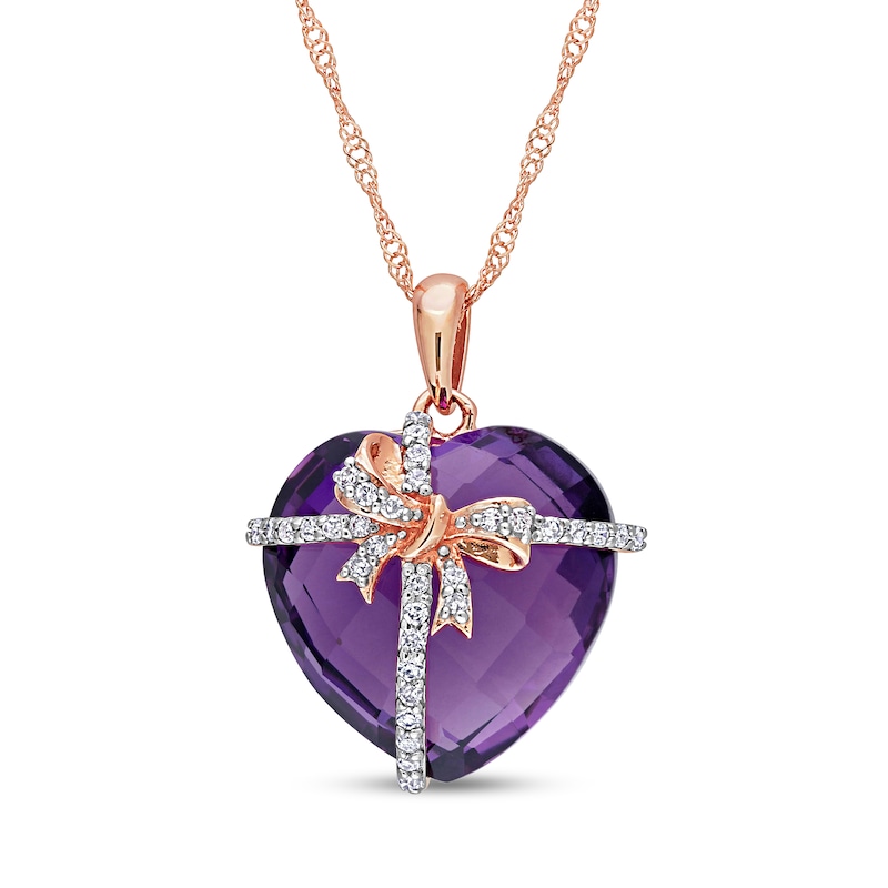 Chequerboard Heart-Shaped Amethyst and 0.12 CT. T.W. Diamond Gift Bow Overlay Pendant in 10K Rose Gold - 17"