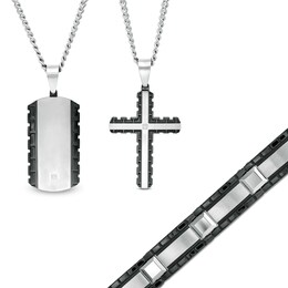 Men's Diamond Accent Dog Tag, Cross Pendant and Link Bracelet Set in Stainless Steel and Tungsten with Black IP - 24&quot;