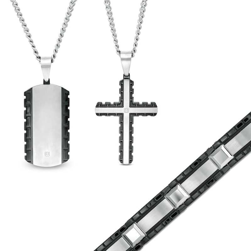 Men's Diamond Accent Dog Tag, Cross Pendant and Link Bracelet Set in Stainless Steel and Tungsten with Black IP - 24"|Peoples Jewellers