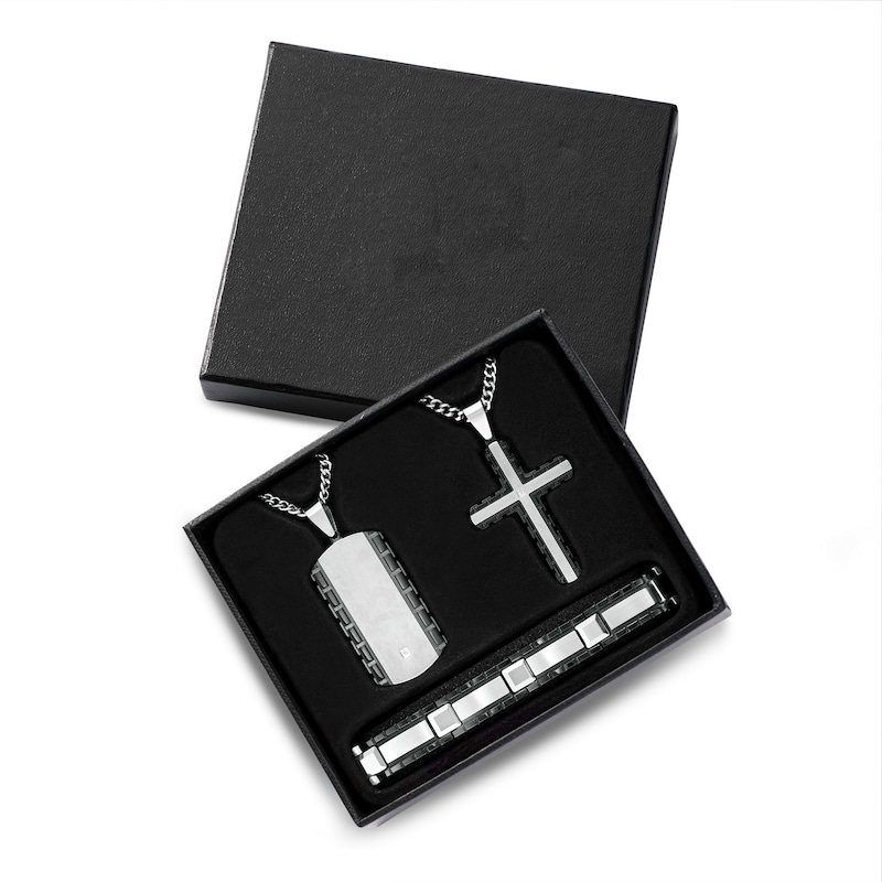 Diamond Accent Dog Tag, Cross Pendant and Link Bracelet Set in Stainless Steel and Tungsten with Black IP - 24"