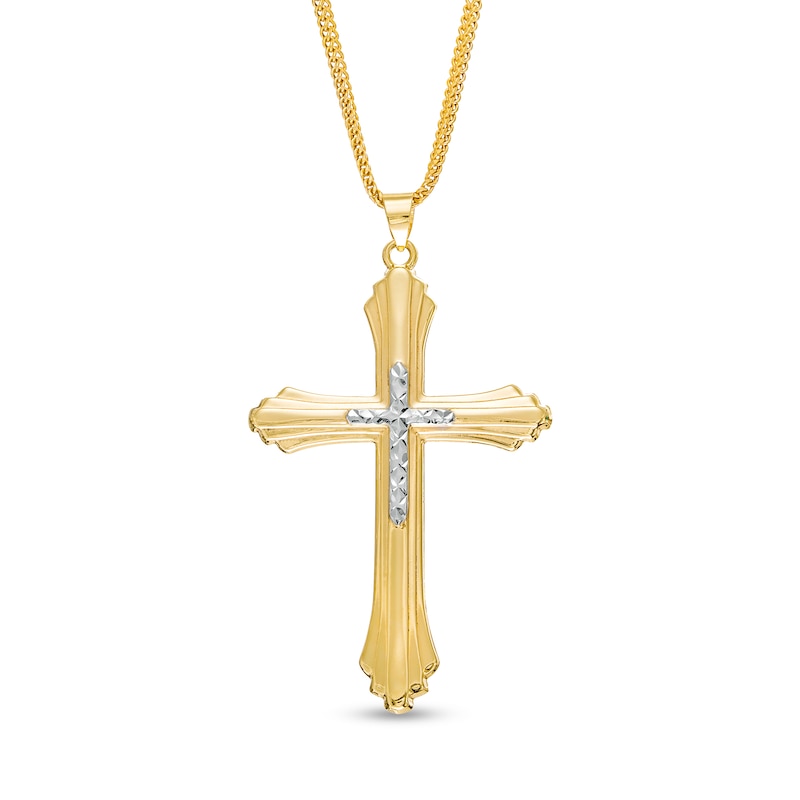 Men's Diamond-Cut Layered Stepped Edge Art Deco Double Cross Pendant in 10K Two-Tone Gold - 22"