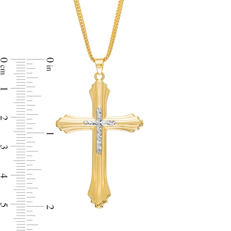 Main Image 2 of Men's Diamond-Cut Layered Stepped Edge Art Deco Double Cross Pendant in 10K Two-Tone Gold - 22"