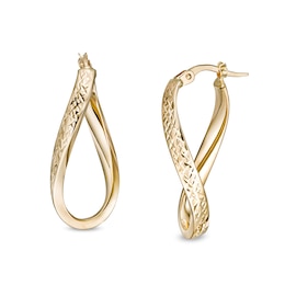10.0mm Multi-Finish Wave Flat Tube Oval Hoop Earrings in 14K Gold