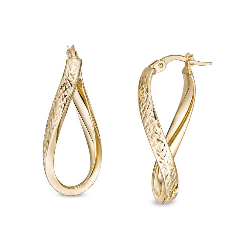 Italian Gold 30.0 x 10.0mm Multi-Finish Wave Flat Tube Oval Hoop Earrings in 14K Gold|Peoples Jewellers