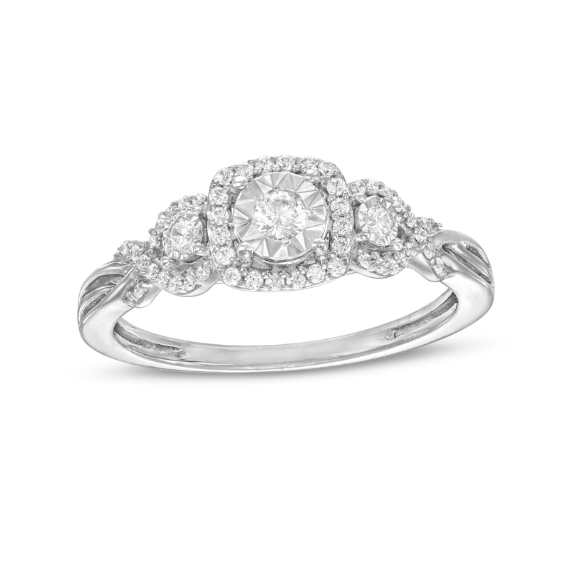0.25 CT. T.W. Diamond Cushion-Shaped Frame Twist Shank Past Present Future® Engagement Ring in 10K White Gold