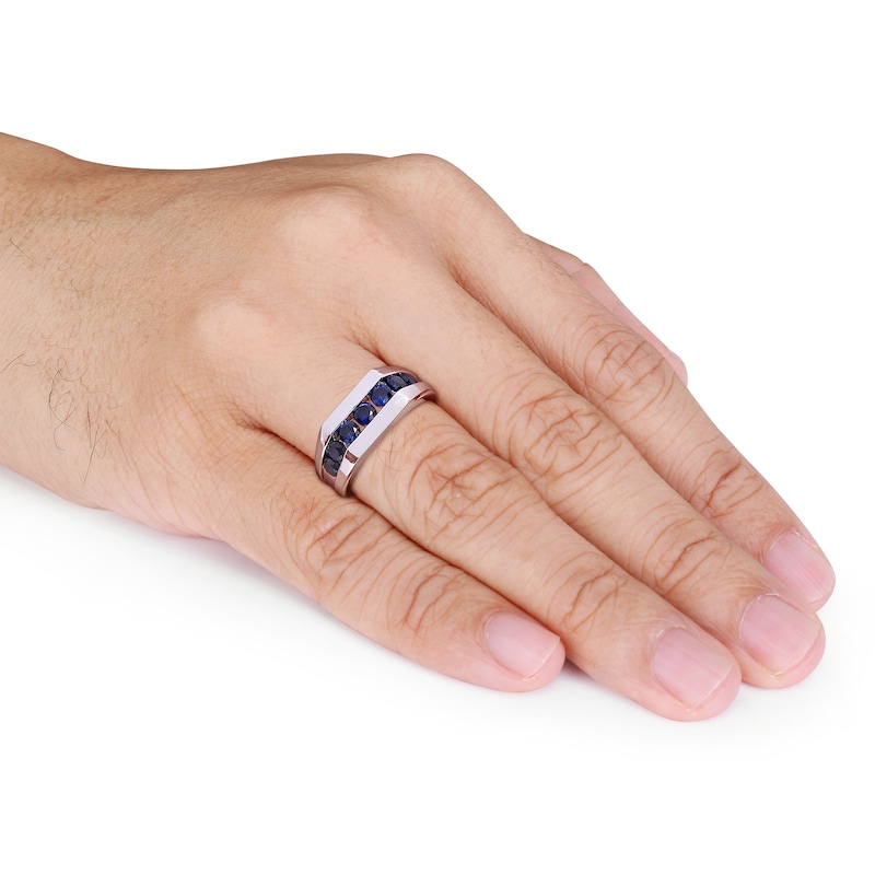 Main Image 2 of Men's Blue Lab-Created Sapphire Seven Stone Channel Band in Sterling Silver