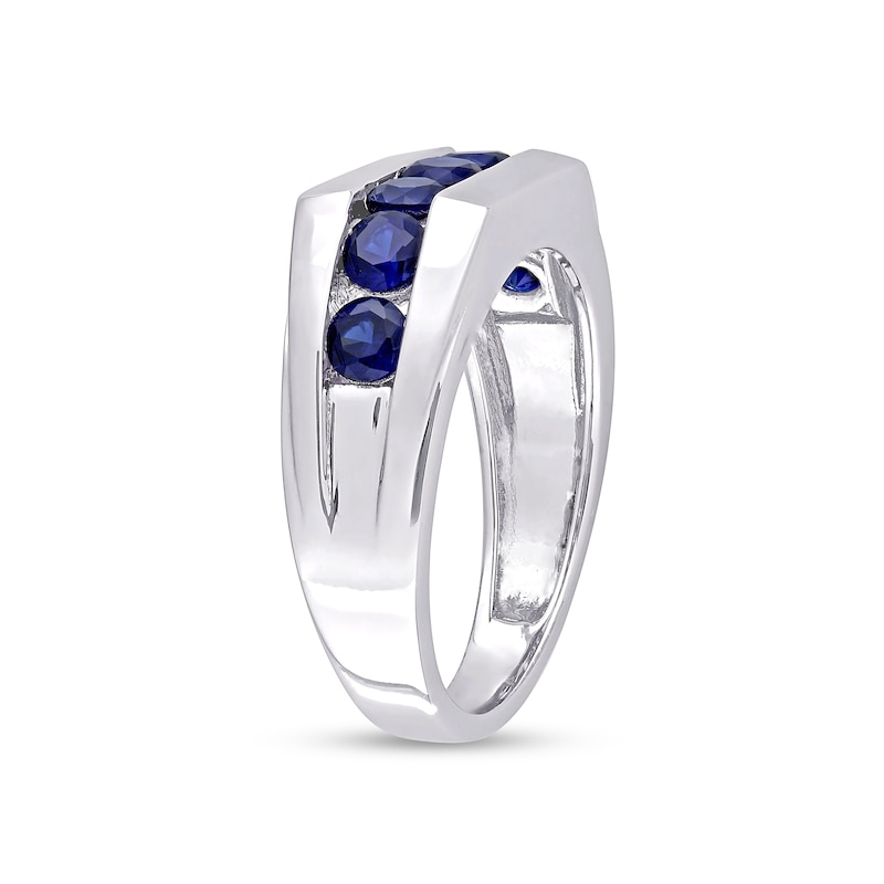 Main Image 3 of Men's Blue Lab-Created Sapphire Seven Stone Channel Band in Sterling Silver