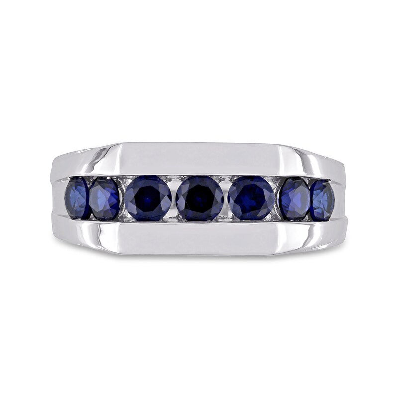 Main Image 4 of Men's Blue Lab-Created Sapphire Seven Stone Channel Band in Sterling Silver