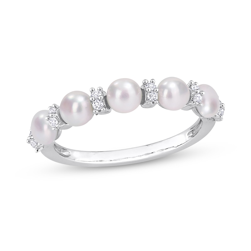 Main Image 1 of 3.5-4.0mm Button Freshwater Cultured Pearl and White Topaz Duo Five Stone Alternating Stackable Band in Sterling Silver