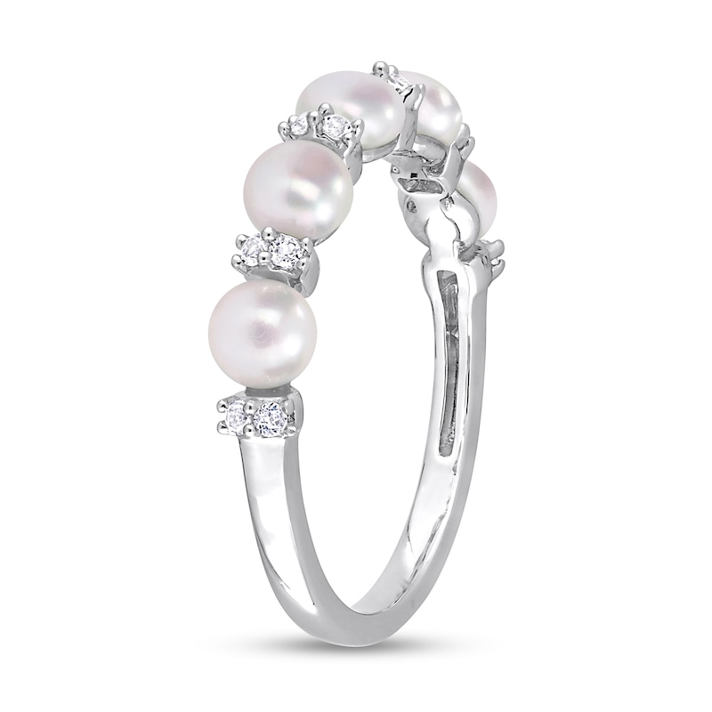 3.5-4.0mm Button Cultured Freshwater Pearl and White Topaz Duo Five Stone Alternating Stackable Band in Sterling Silver
