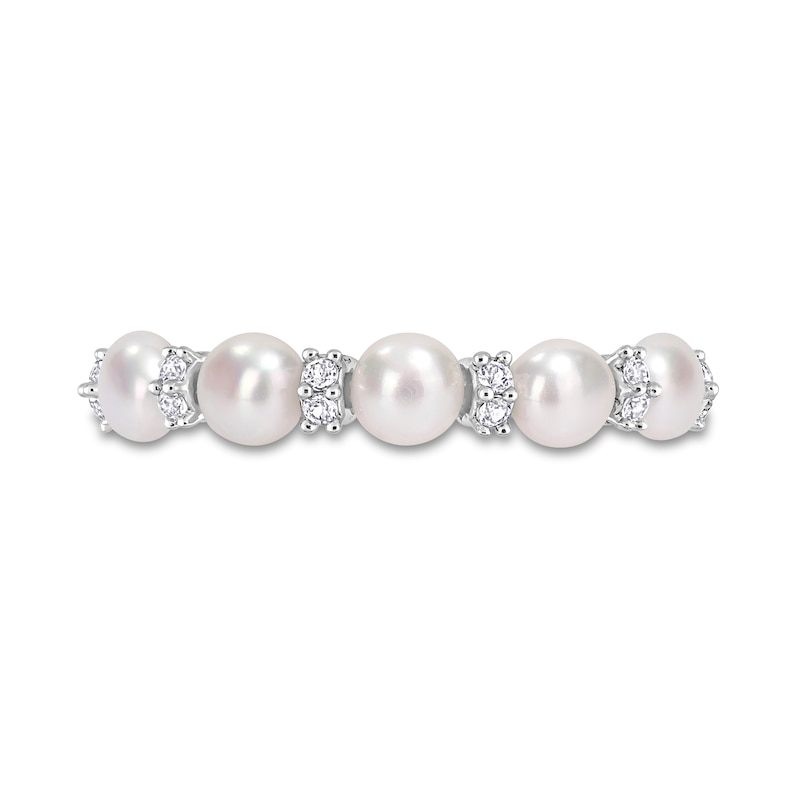 Main Image 4 of 3.5-4.0mm Button Freshwater Cultured Pearl and White Topaz Duo Five Stone Alternating Stackable Band in Sterling Silver