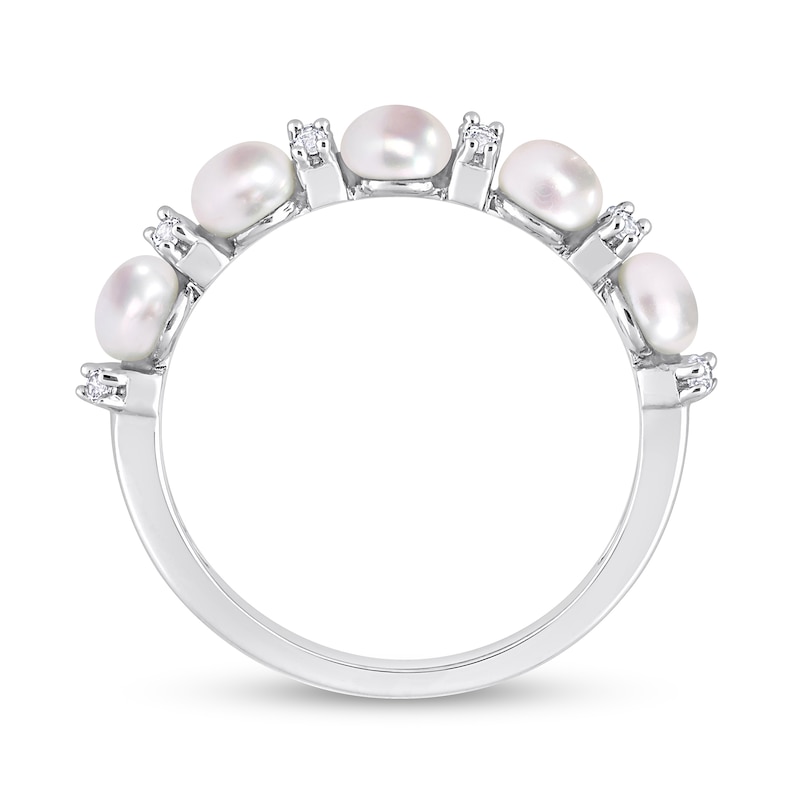 3.5-4.0mm Button Cultured Freshwater Pearl and White Topaz Duo Five Stone Alternating Stackable Band in Sterling Silver