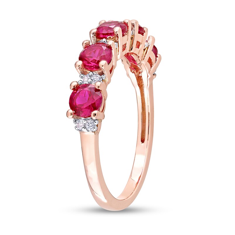 Main Image 3 of Lab-Created Ruby and White Lab-Created Sapphire Five Stone Duo Stackable Band in Sterling Silver with Rose Rhodium