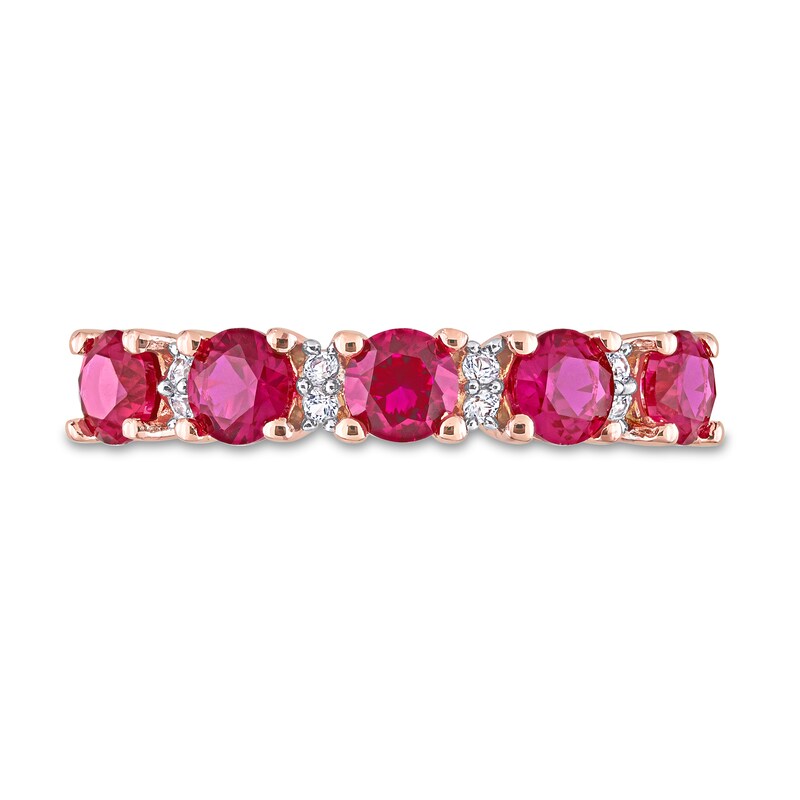 Main Image 4 of Lab-Created Ruby and White Lab-Created Sapphire Five Stone Duo Stackable Band in Sterling Silver with Rose Rhodium