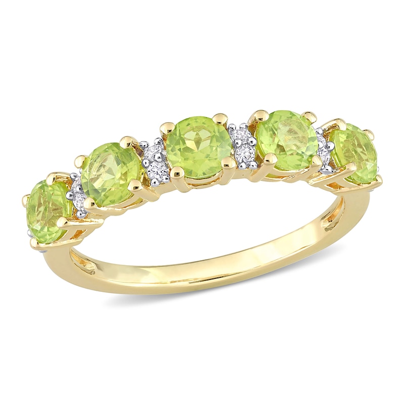 Main Image 1 of Peridot and White Lab-Created Sapphire Duo Five Stone Alternating Stackable Band in Sterling Silver with Yellow Rhodium