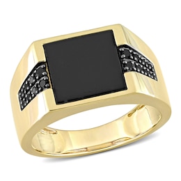 Men's 10.0mm Square Onyx and 0.15 CT. T.W. Black Enhanced Diamond Side Accent Signet Ring in 10K Gold