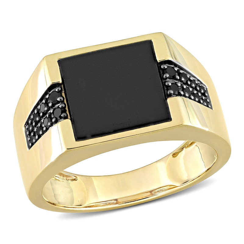 Main Image 1 of Men's 10.0mm Square Onyx and 0.15 CT. T.W. Black Enhanced Diamond Side Accent Signet Ring in 10K Gold
