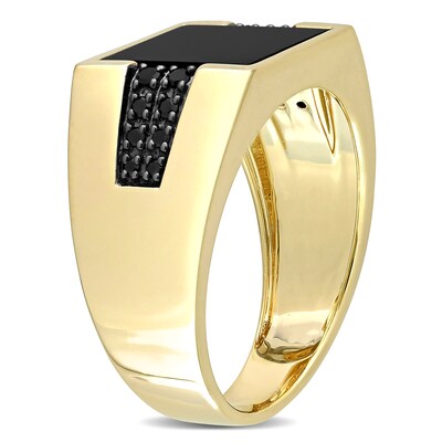 Men's 10.0mm Square Onyx and 0.15 CT. T.W. Black Enhanced Diamond Side Accent Signet Ring in 10K Gold