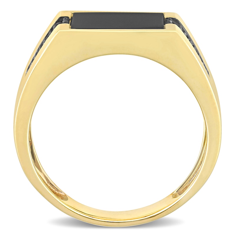 Men's 10.0mm Square Onyx and 0.15 CT. T.W. Black Enhanced Diamond Side Accent Signet Ring in 10K Gold