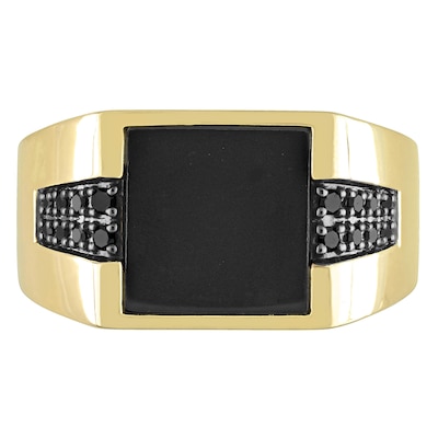 Men's 10.0mm Square Onyx and 0.15 CT. T.W. Black Enhanced Diamond Side Accent Signet Ring in 10K Gold