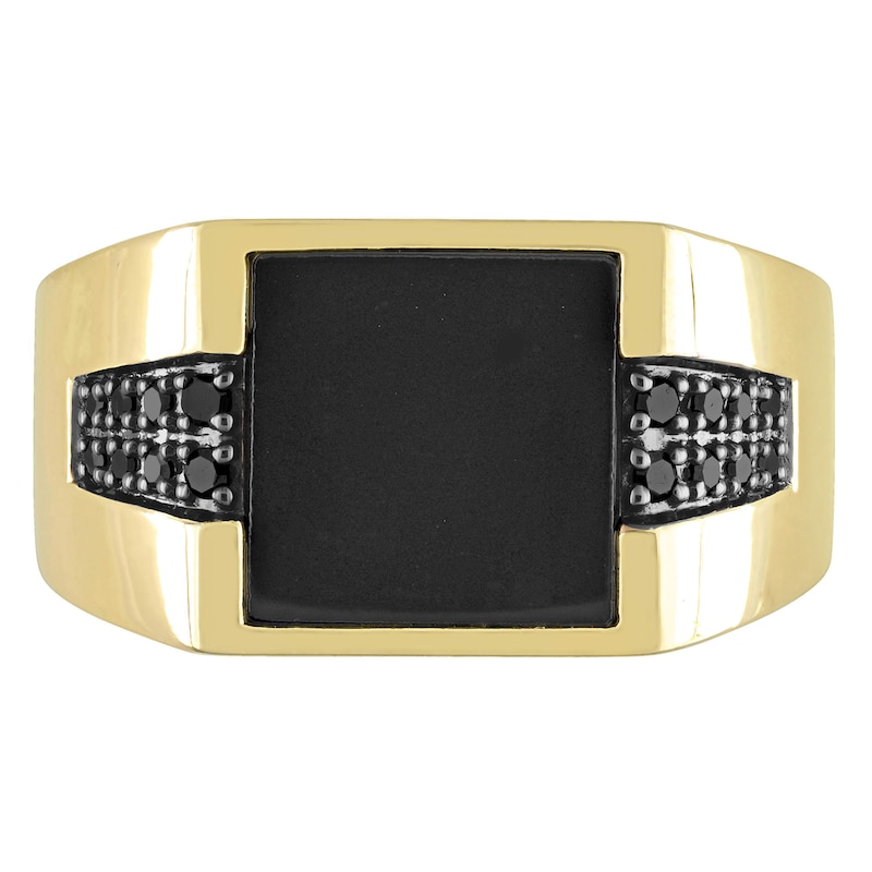 Main Image 4 of Men's 10.0mm Square Onyx and 0.15 CT. T.W. Black Enhanced Diamond Side Accent Signet Ring in 10K Gold