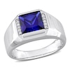 Thumbnail Image 0 of Men's 8.0mm Square Blue Lab-Created Sapphire and 0.05 CT. T.W. Diamond Collar Signet Ring in 10K White Gold