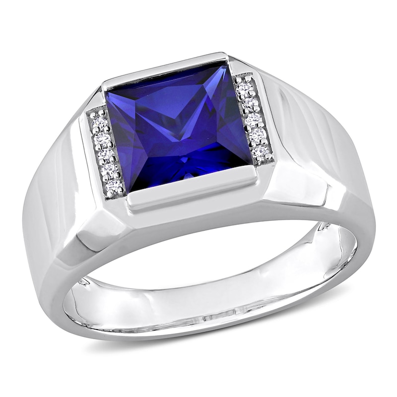 Men's 8.0mm Square Blue Lab-Created Sapphire and 0.05 CT. T.W. Diamond Collar Signet Ring in 10K White Gold