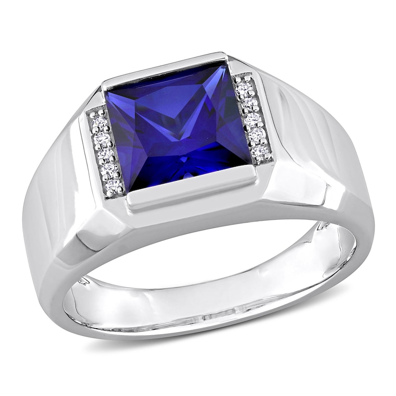 Men's 8.0mm Square Blue Lab-Created Sapphire and 0.05 CT. T.W. Diamond Collar Signet Ring in 10K White Gold|Peoples Jewellers