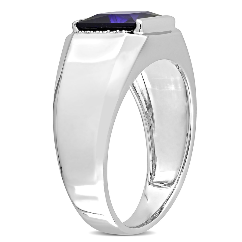 Main Image 2 of Men's 8.0mm Square Blue Lab-Created Sapphire and 0.05 CT. T.W. Diamond Collar Signet Ring in 10K White Gold