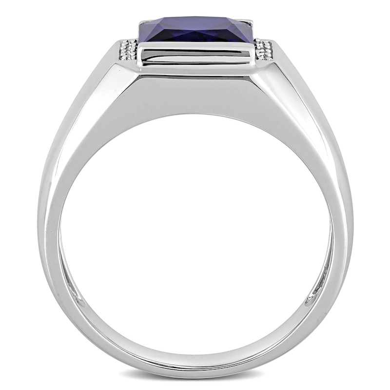 Main Image 3 of Men's 8.0mm Square Blue Lab-Created Sapphire and 0.05 CT. T.W. Diamond Collar Signet Ring in 10K White Gold